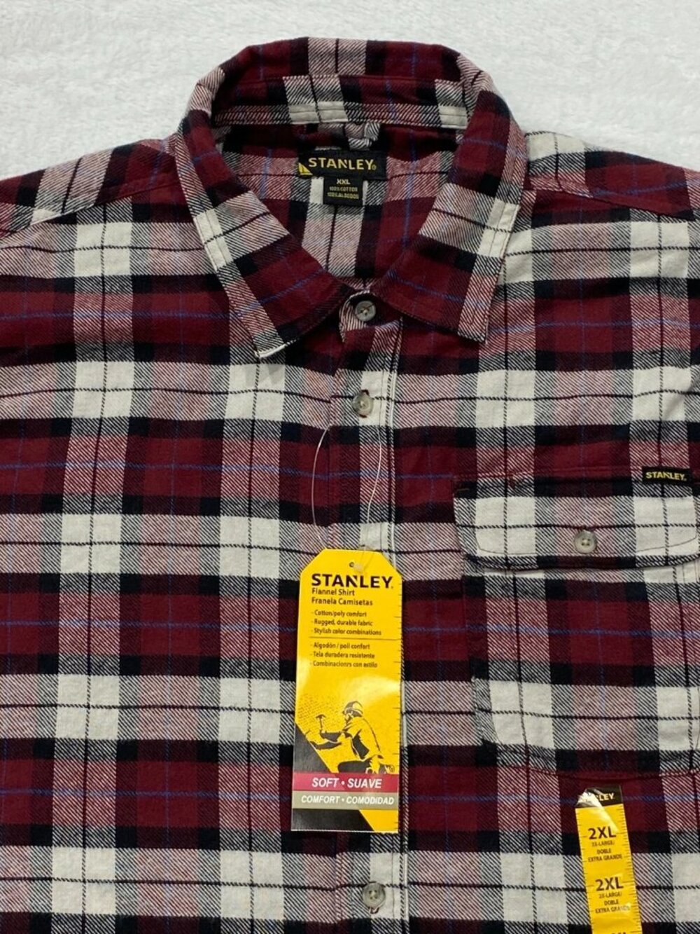 Stanley Workwear Flannel Shirt Mens 2XL Burgundy Plaid Button Front Long Sleeve